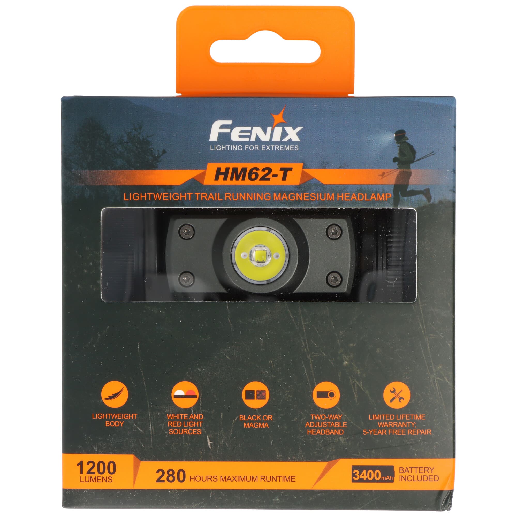 Lampe frontale Fenix HM62-T, lampe frontale LED rechargeable avec un maximum de 1200 lumens, spécialement pour les coureurs de trail, avec batterie